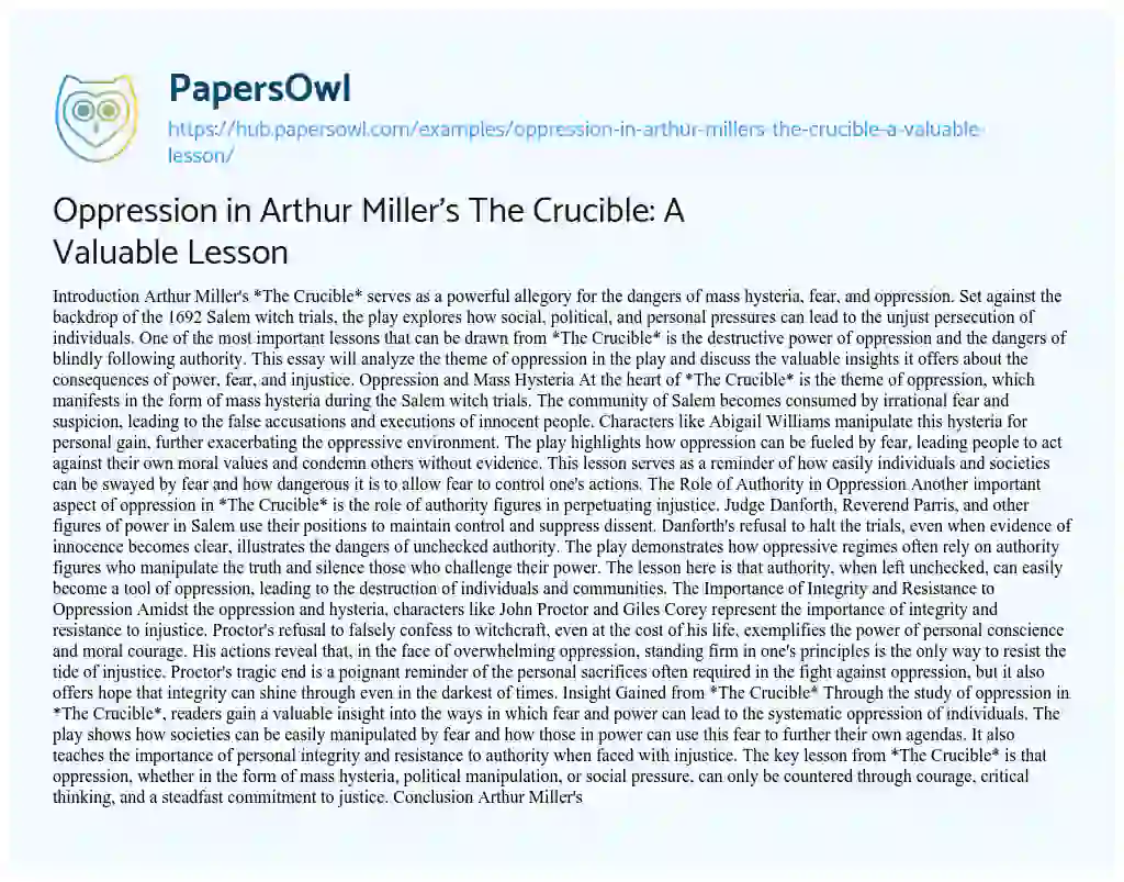 Essay on Oppression in Arthur Miller’s The Crucible: A Valuable Lesson