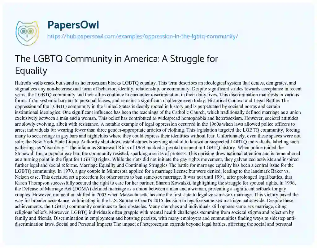 Essay on The LGBTQ Community in America: A Struggle for Equality