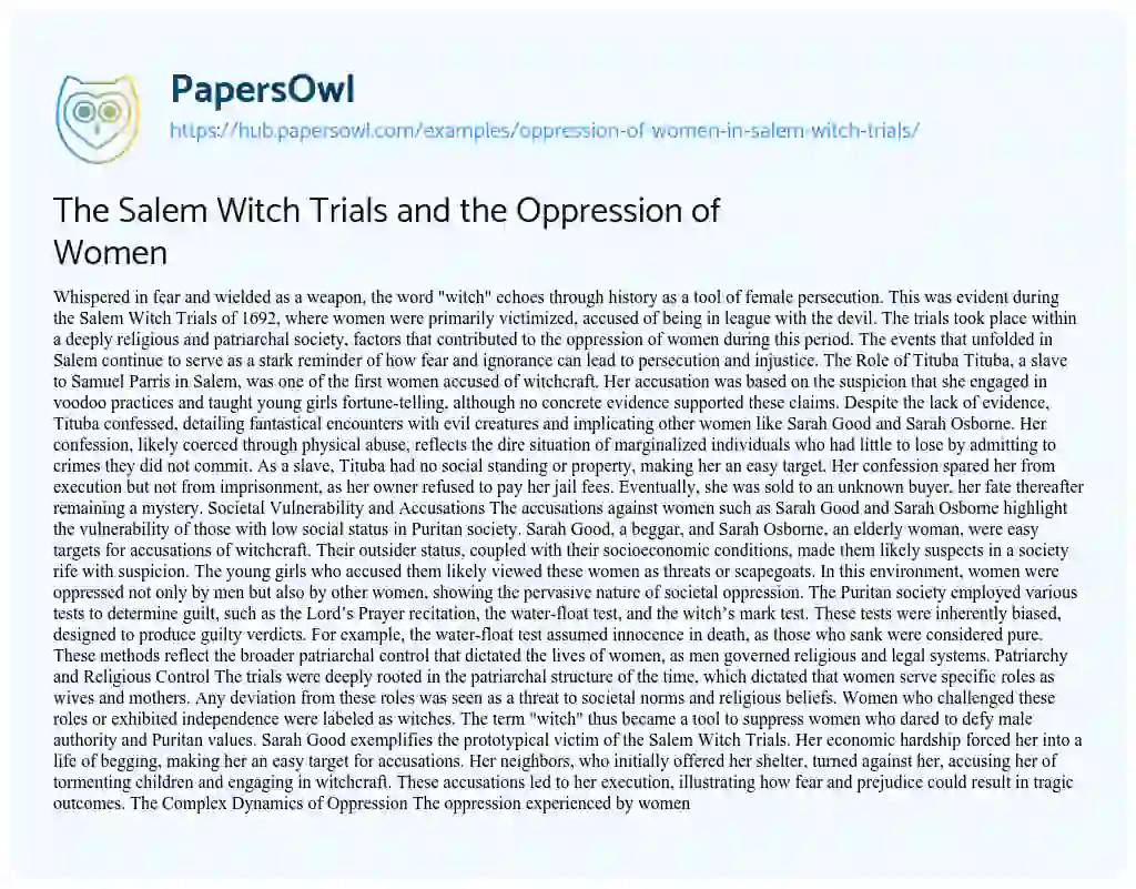 Essay on The Salem Witch Trials and the Oppression of Women