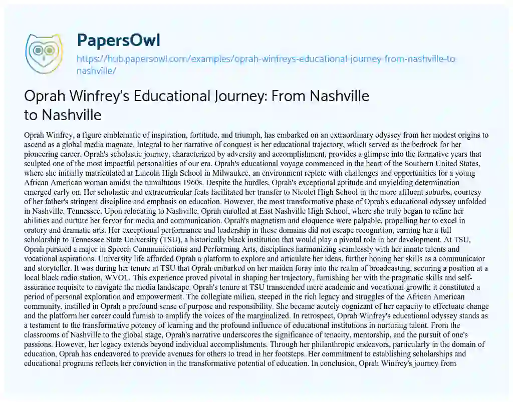 Essay on Oprah Winfrey’s Educational Journey: From Nashville to Nashville