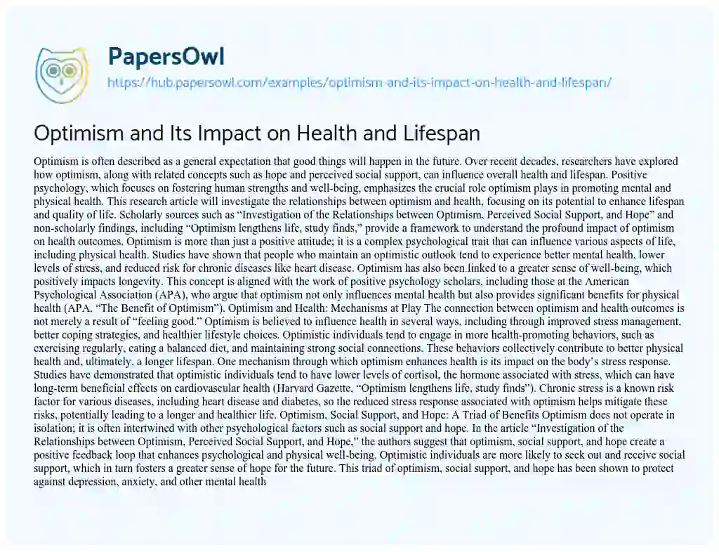 Essay on Optimism and Its Impact on Health and Lifespan