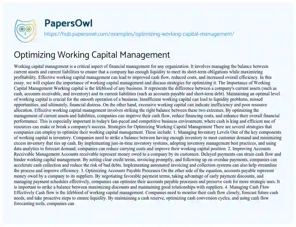 Essay on Optimizing Working Capital Management