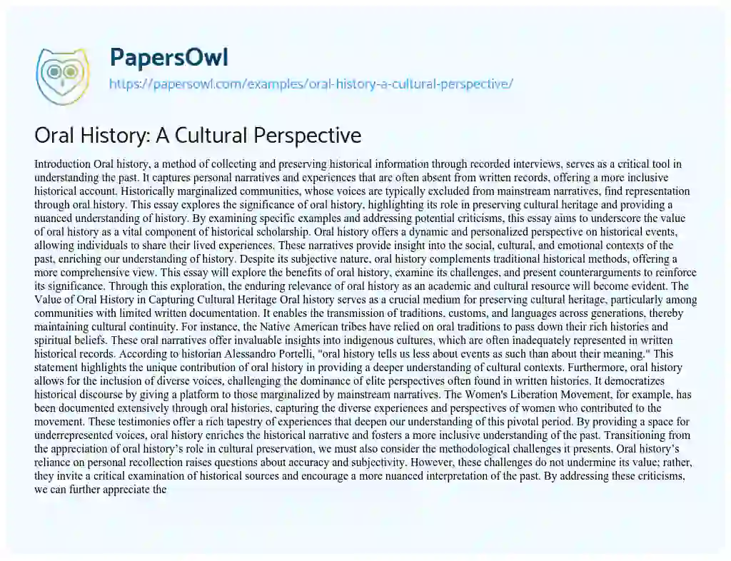 Essay on Oral History: A Cultural Perspective