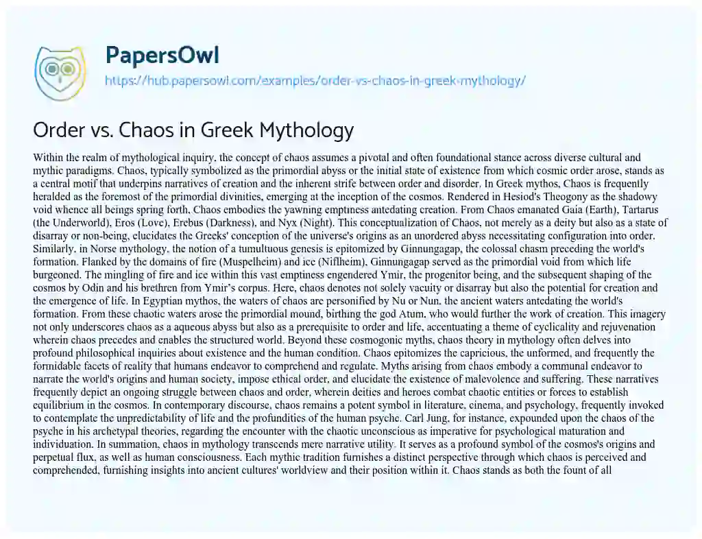 Essay on Order vs. Chaos in Greek Mythology