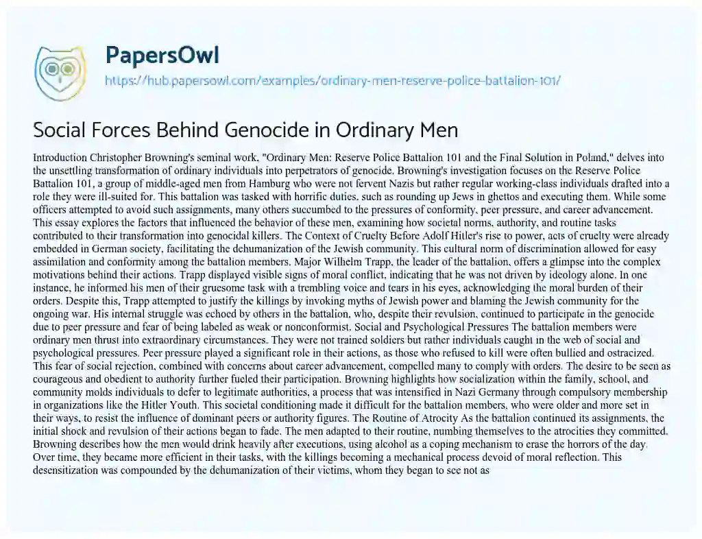 Essay on Social Forces Behind Genocide in Ordinary Men