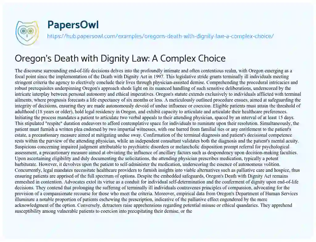 Essay on Oregon’s Death with Dignity Law: A Complex Choice
