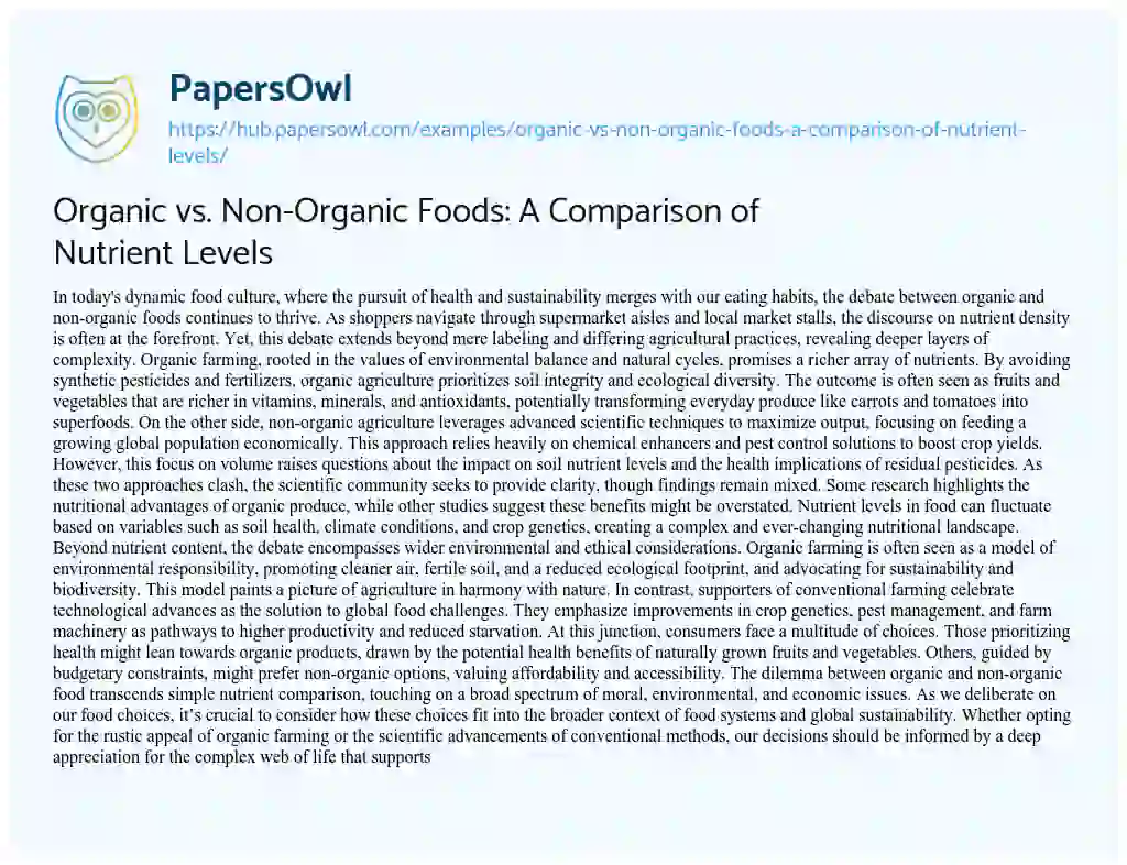Essay on Organic vs. Non-Organic Foods: A Comparison of Nutrient Levels