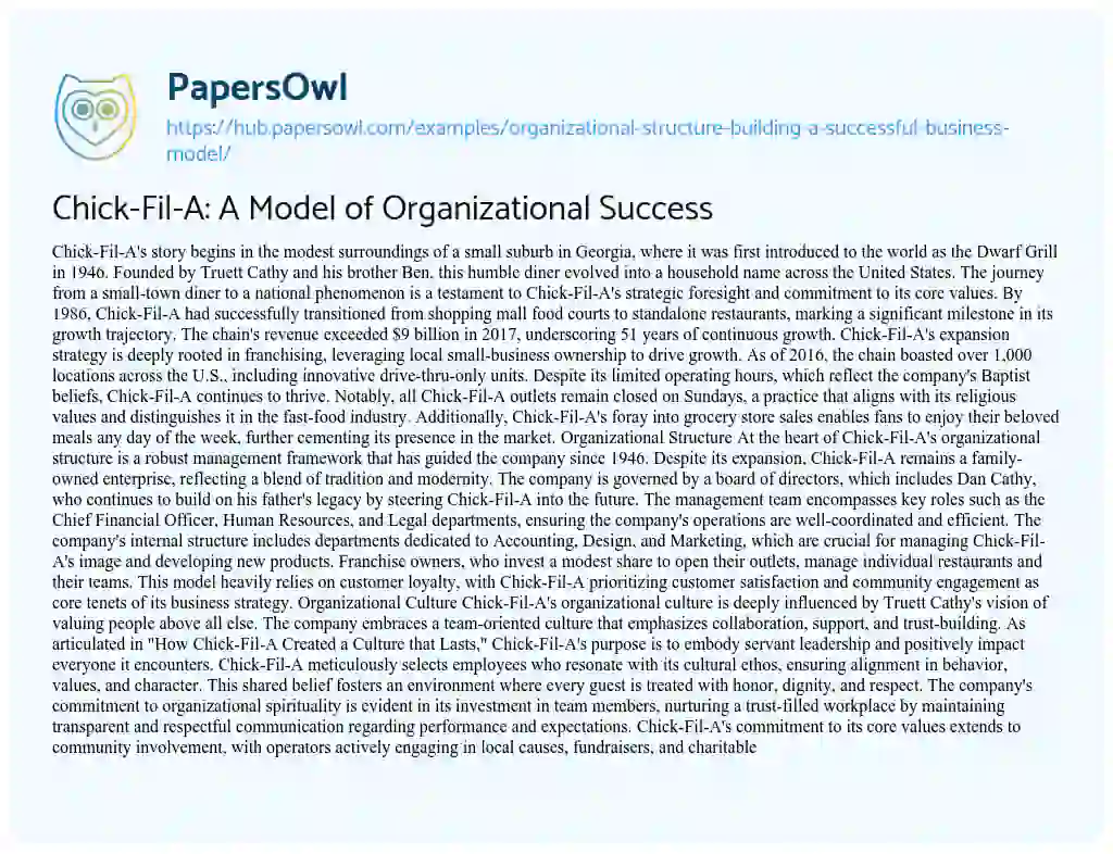 Essay on Chick-Fil-A: A Model of Organizational Success