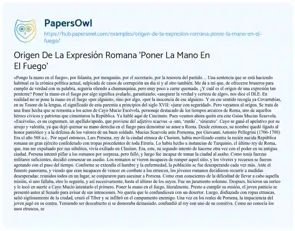Essay on Origen De La Expresión Romana ‘Poner La Mano En El Fuego’