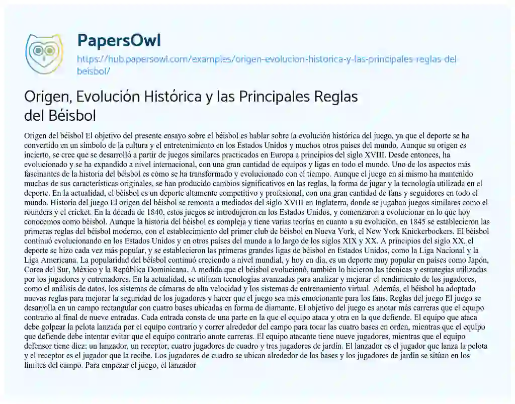 Essay on Origen, Evolución Histórica y las Principales Reglas del Béisbol