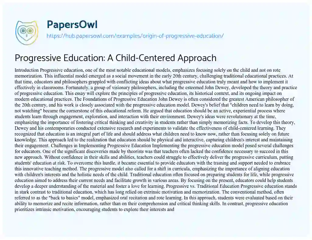 Essay on Progressive Education: A Child-Centered Approach