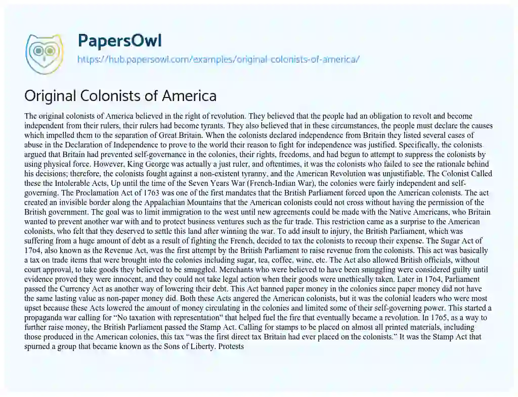 Essay on Original Colonists of America