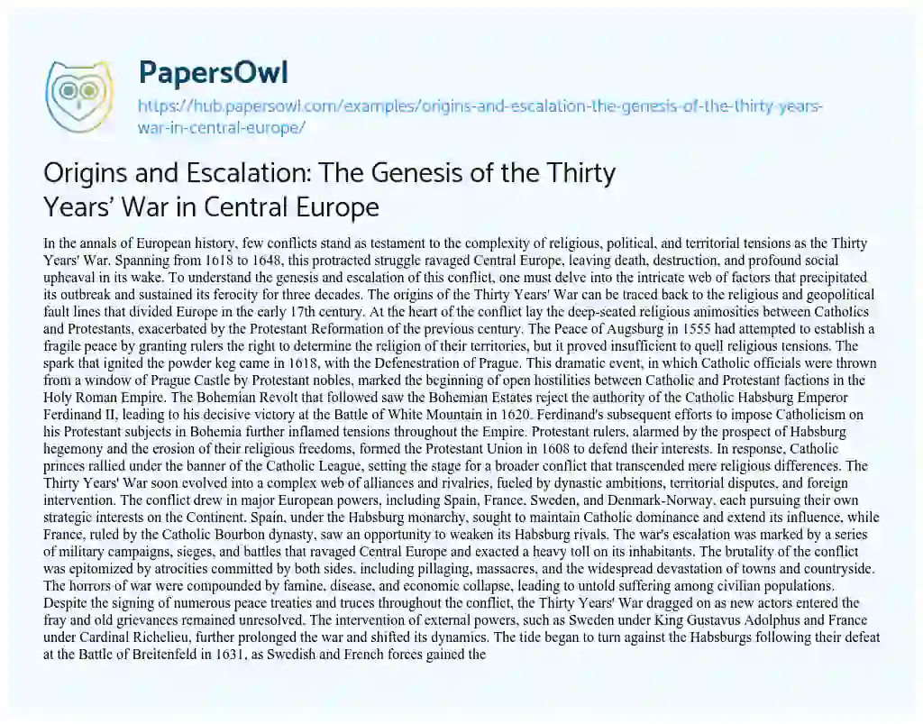 Essay on Origins and Escalation: The Genesis of the Thirty Years’ War in Central Europe