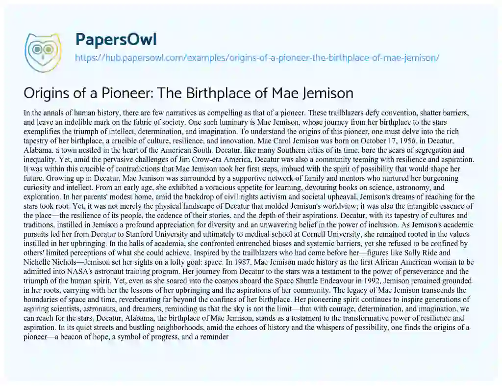 Essay on Origins of a Pioneer: The Birthplace of Mae Jemison