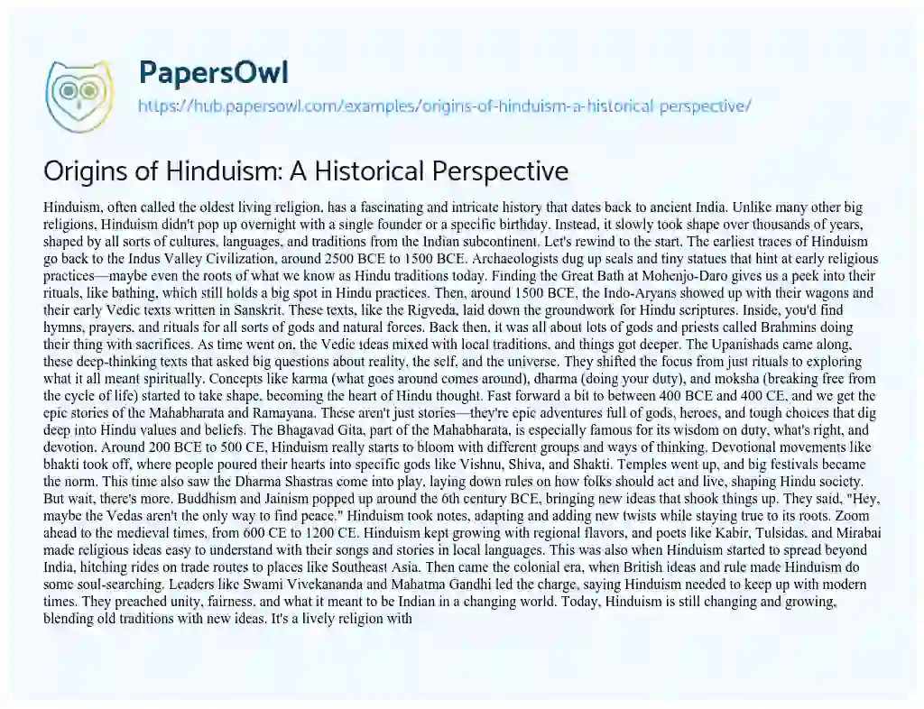 Essay on Origins of Hinduism: A Historical Perspective
