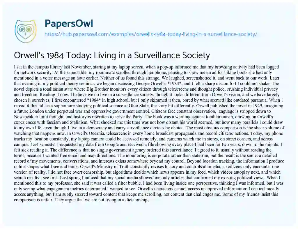 Essay on Orwell’s 1984 Today: Living in a Surveillance Society