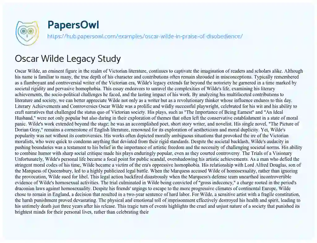 Essay on Oscar Wilde Legacy Study