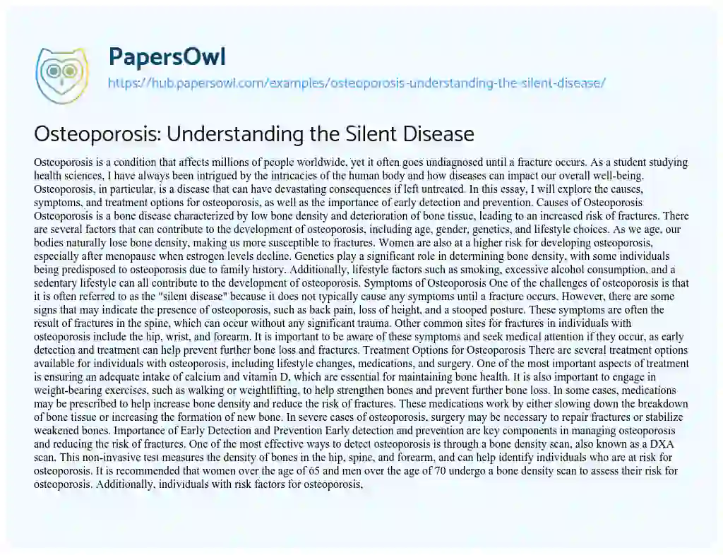 Essay on Osteoporosis: Understanding the Silent Disease