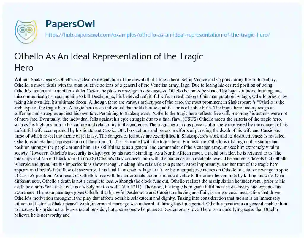 Essay on Othello As An Ideal Representation of the Tragic Hero