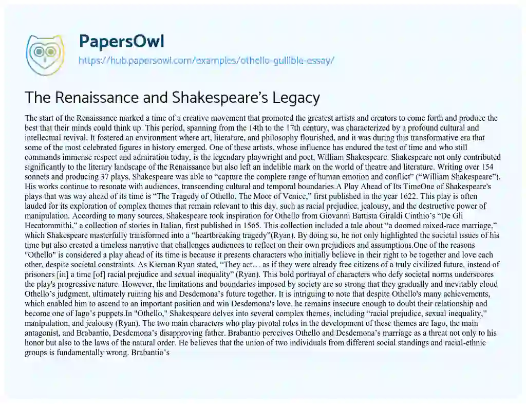 Essay on The Renaissance and Shakespeare’s Legacy
