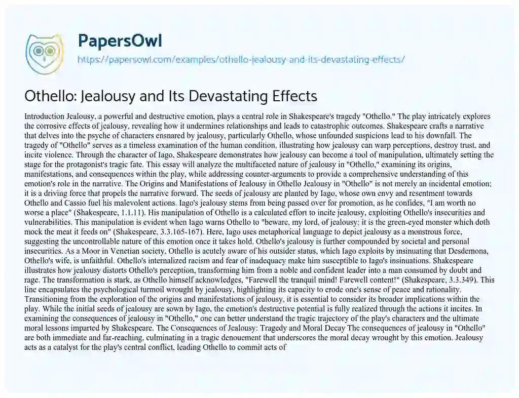 Essay on Othello: Jealousy and Its Devastating Effects
