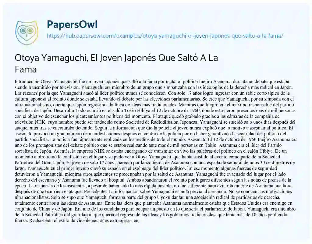 Essay on Otoya Yamaguchi, El Joven Japonés Que Saltó A La Fama
