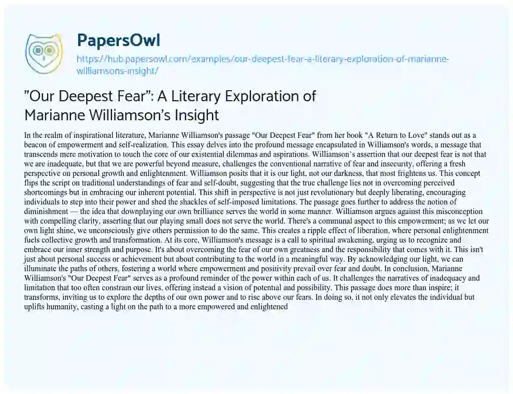 Essay on “Our Deepest Fear”: A Literary Exploration of Marianne Williamson’s Insight