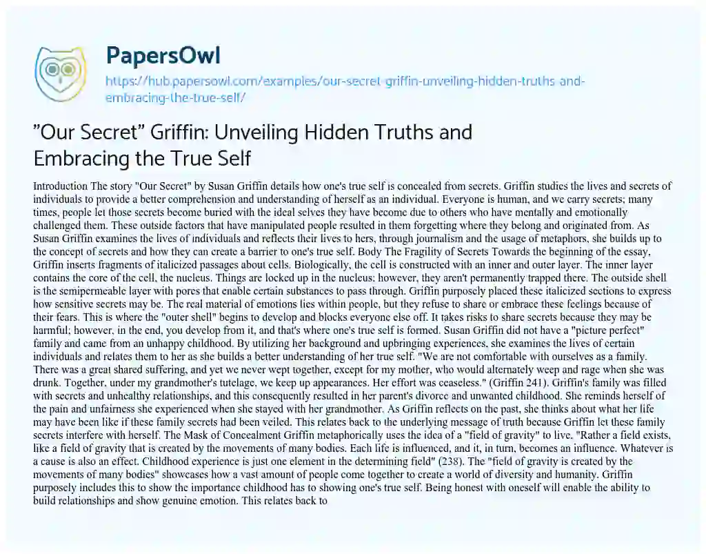 Essay on “Our Secret” Griffin: Unveiling Hidden Truths and Embracing the True Self