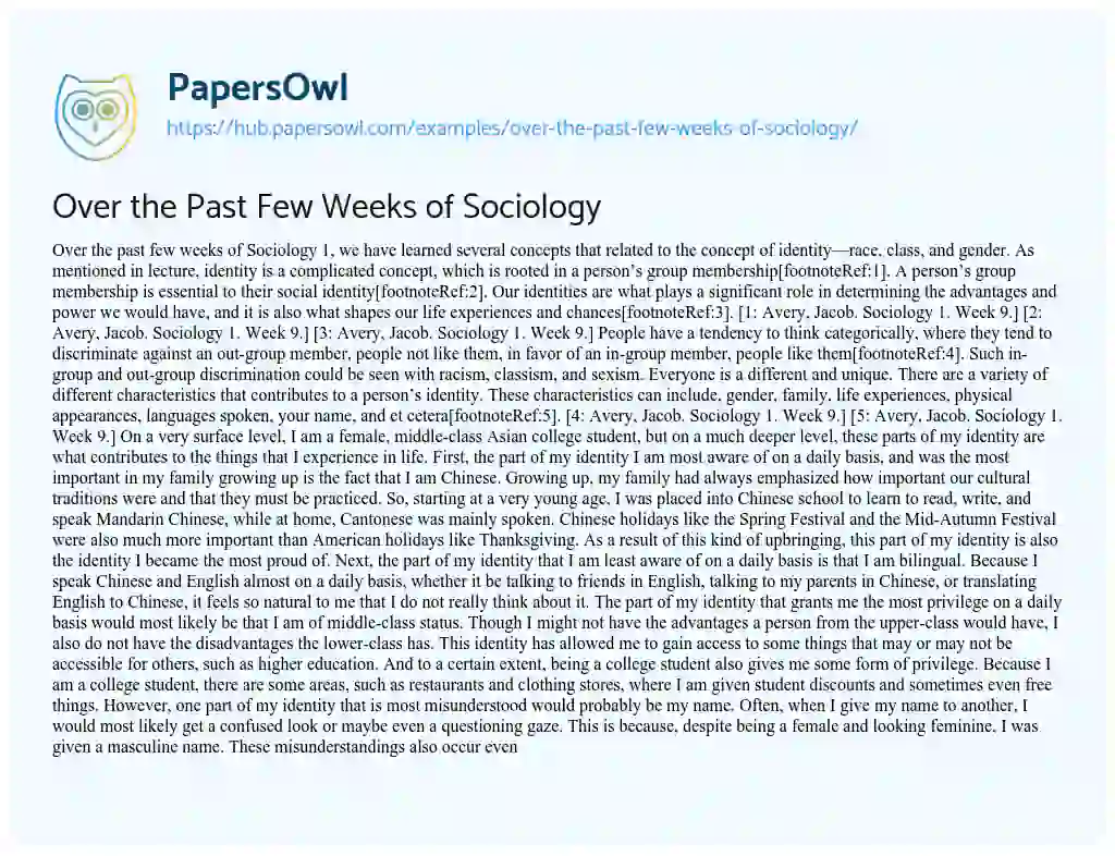 Essay on Over the Past Few Weeks of Sociology