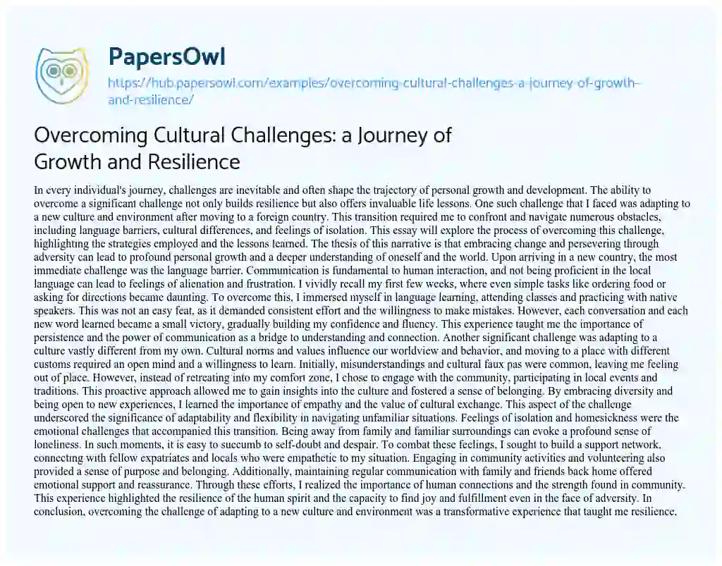 Essay on Overcoming Cultural Challenges: a Journey of Growth and Resilience