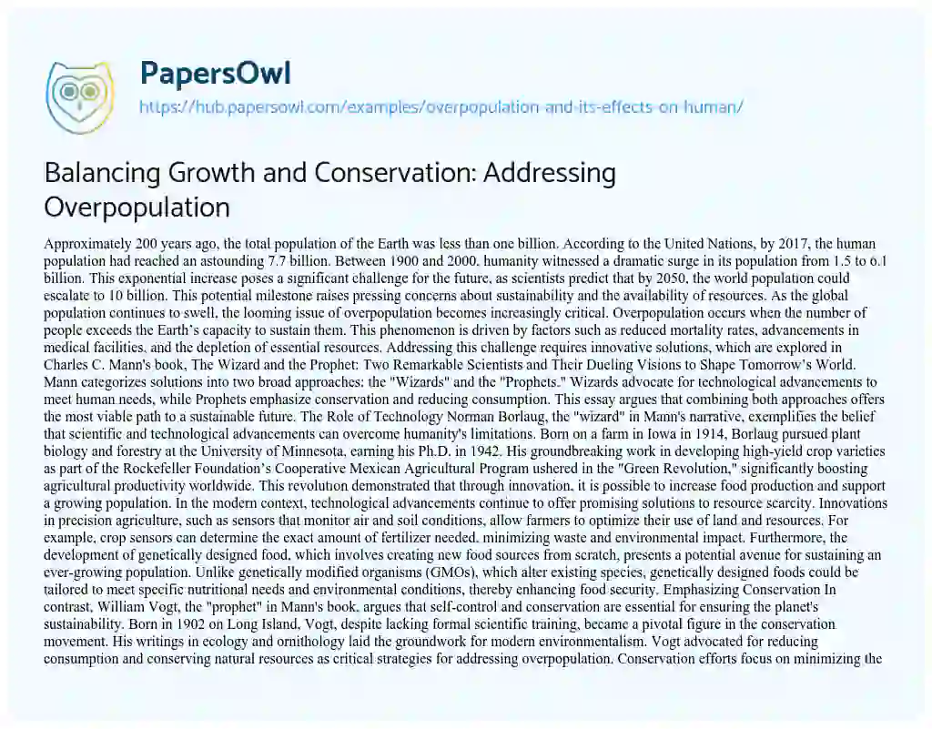 Essay on Balancing Growth and Conservation: Addressing Overpopulation