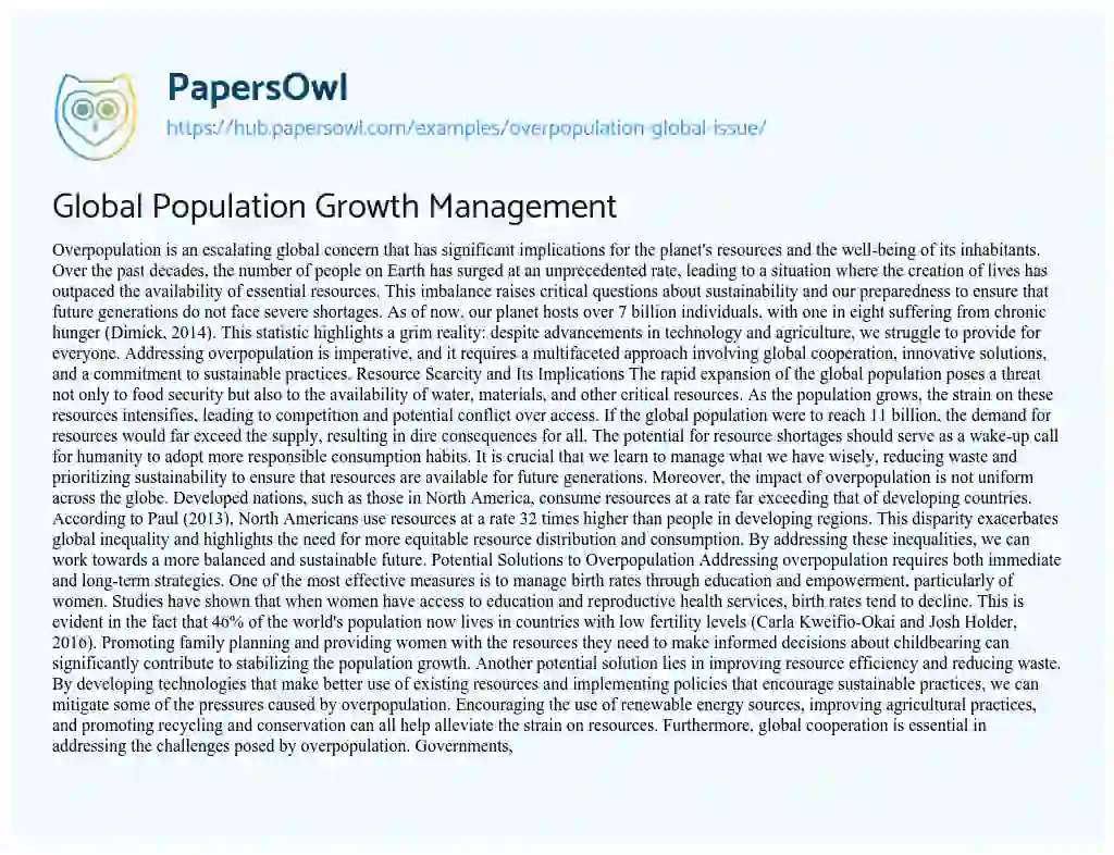 Essay on Global Population Growth Management