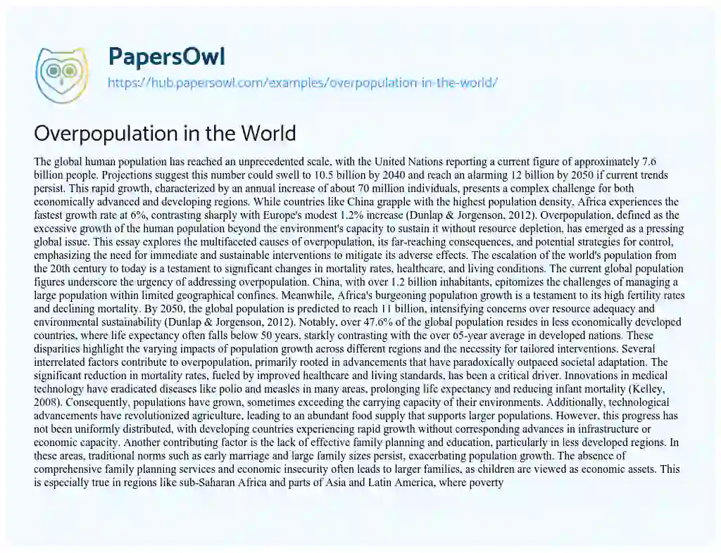 Essay on Overpopulation in the World