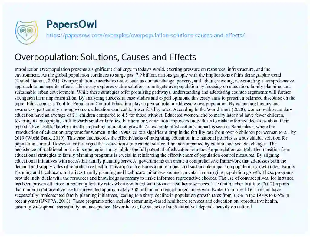 Essay on Overpopulation: Solutions, Causes and Effects