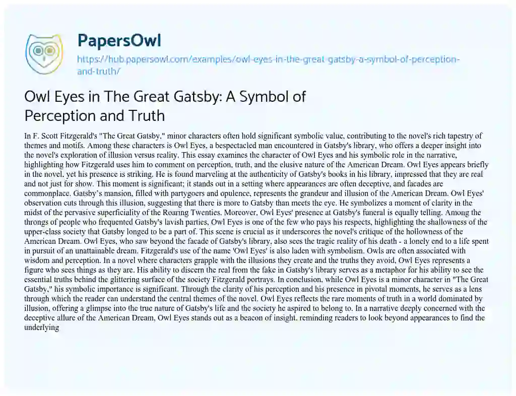 Essay on Owl Eyes in The Great Gatsby: A Symbol of Perception and Truth