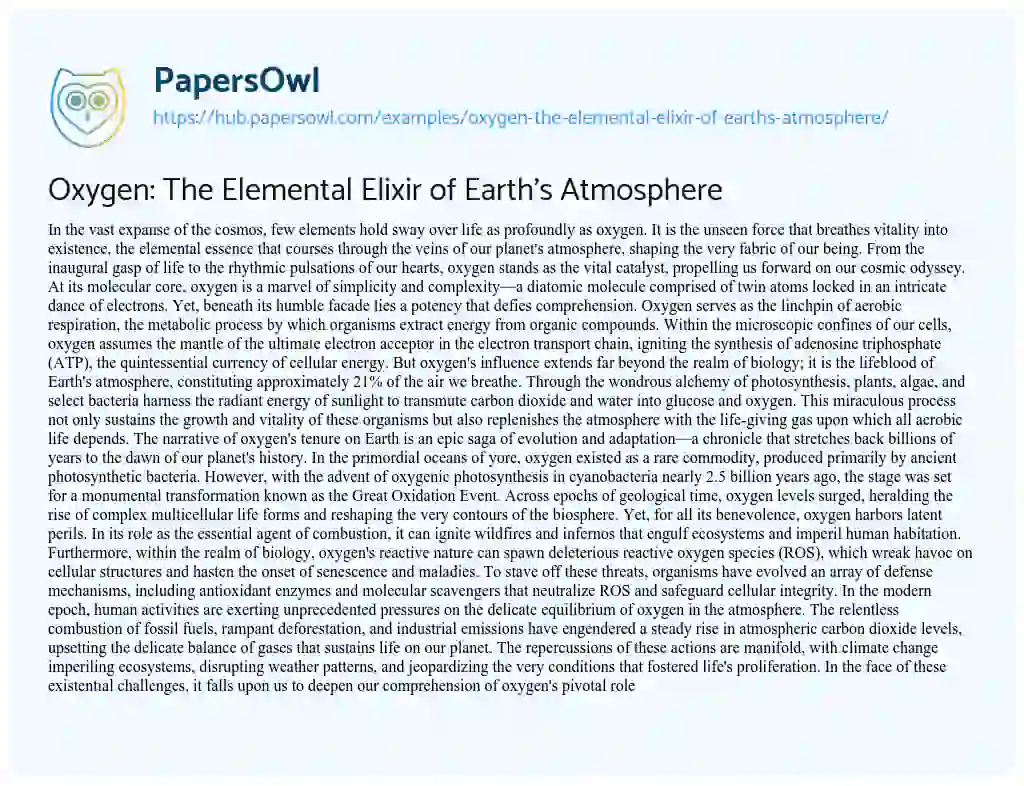 Essay on Oxygen: The Elemental Elixir of Earth’s Atmosphere