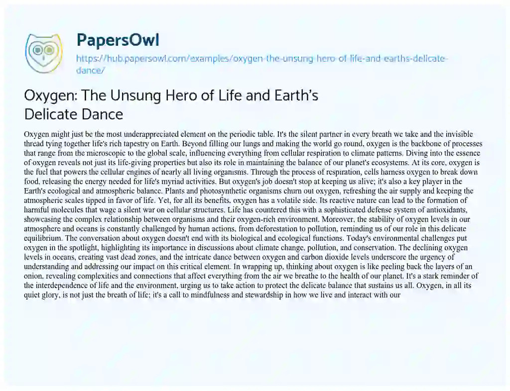 Essay on Oxygen: The Unsung Hero of Life and Earth’s Delicate Dance