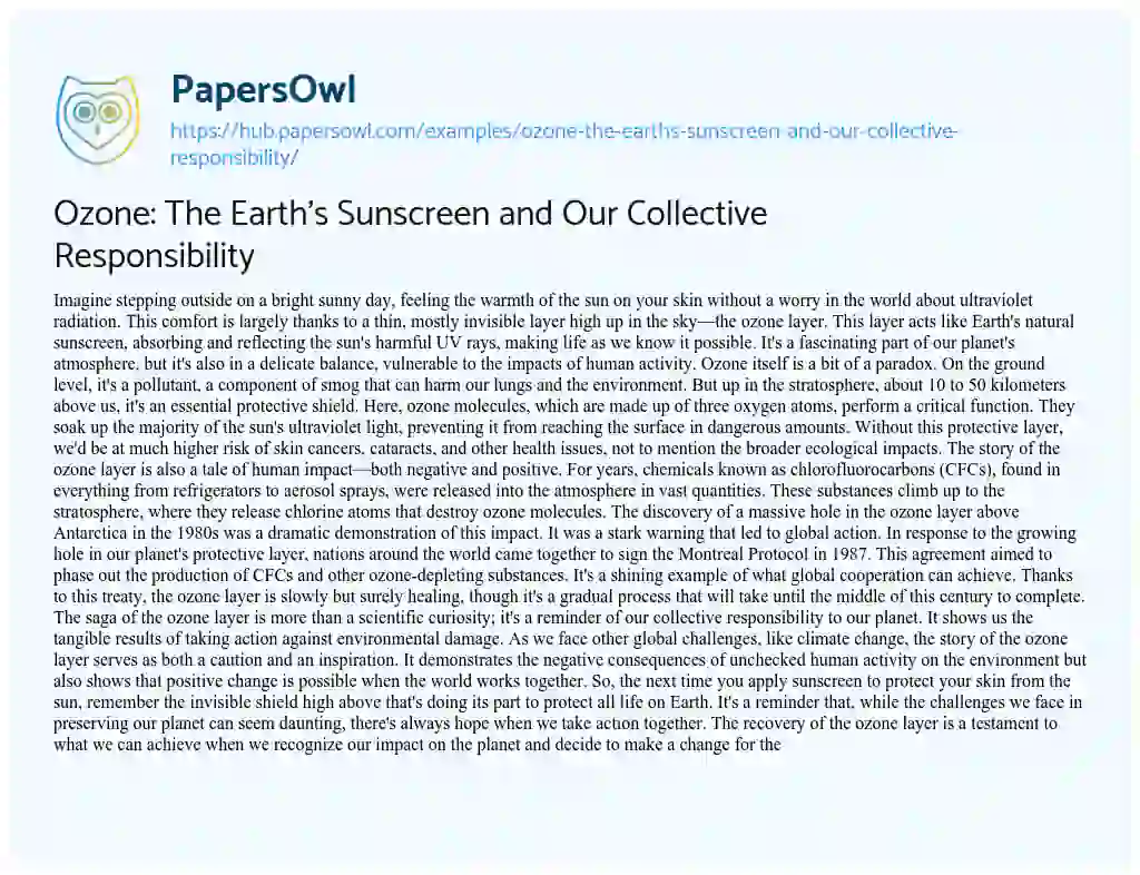 Essay on Ozone: The Earth’s Sunscreen and Our Collective Responsibility