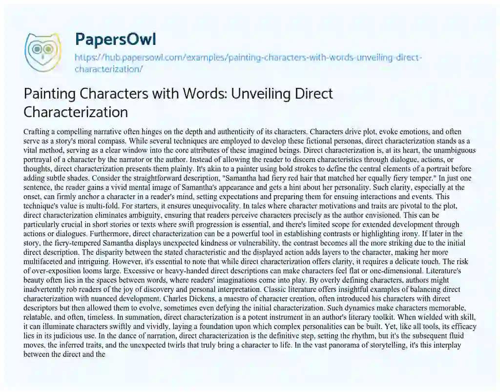 Essay on Painting Characters with Words: Unveiling Direct Characterization