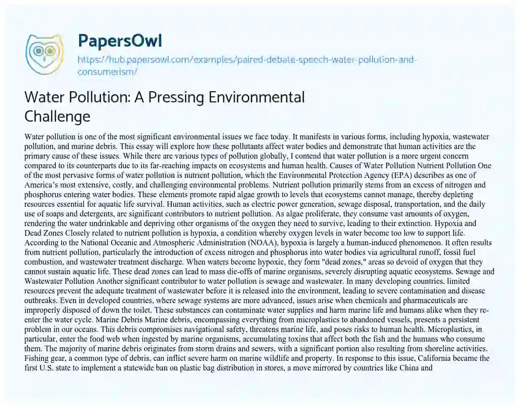 Essay on Water Pollution: A Pressing Environmental Challenge
