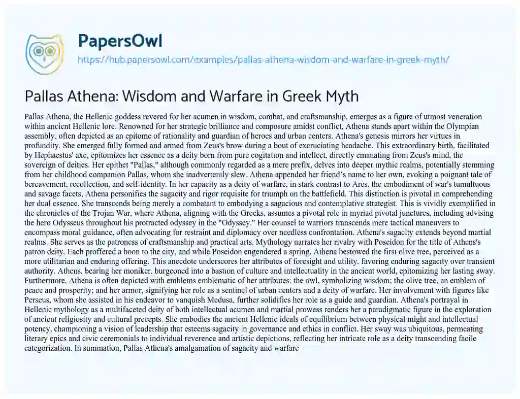 Essay on Pallas Athena: Wisdom and Warfare in Greek Myth