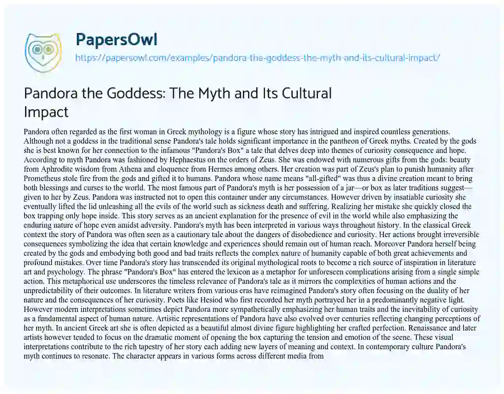 Essay on Pandora the Goddess: The Myth and Its Cultural Impact