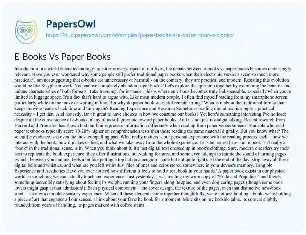Essay on E-Books Vs Paper Books
