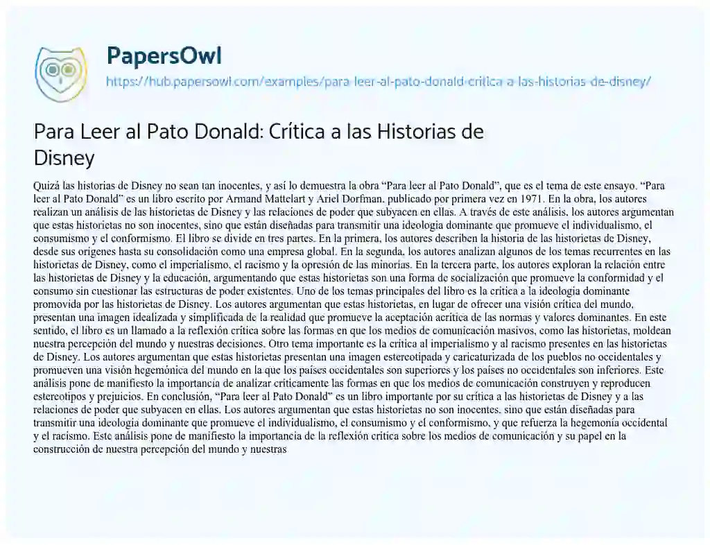 Essay on Para Leer al Pato Donald: Crítica a las Historias de Disney