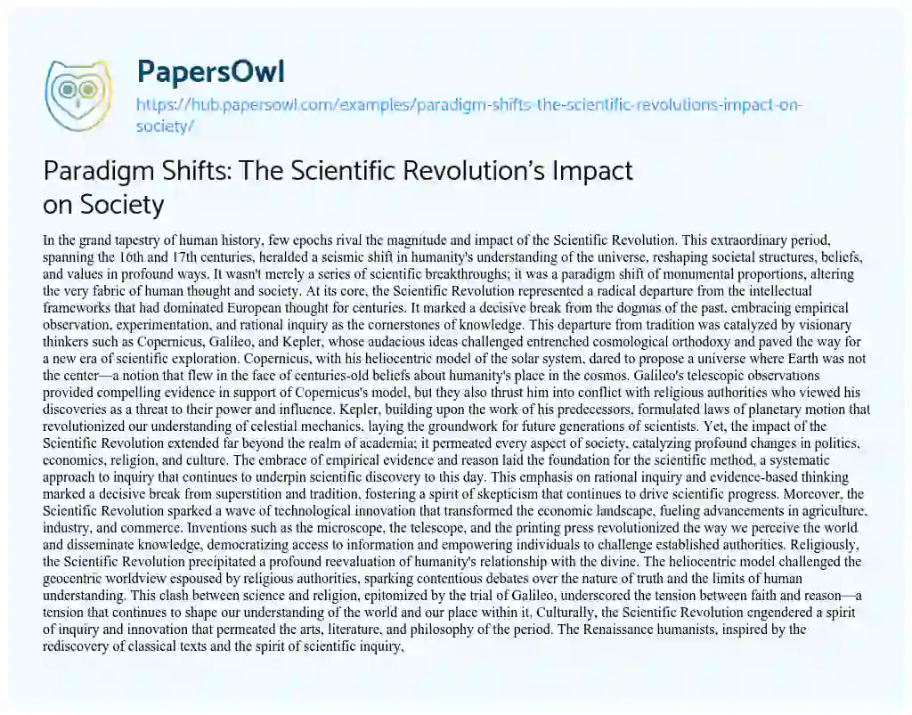 Essay on Paradigm Shifts: The Scientific Revolution’s Impact on Society