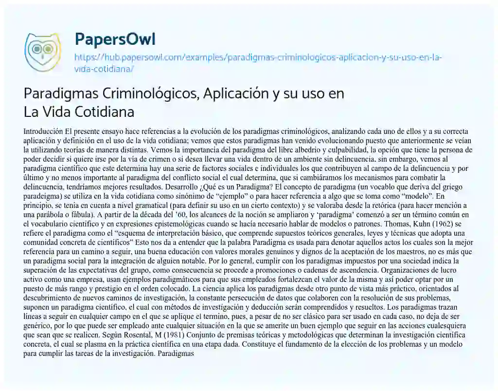 Essay on Paradigmas Criminológicos, Aplicación y su uso en La Vida Cotidiana