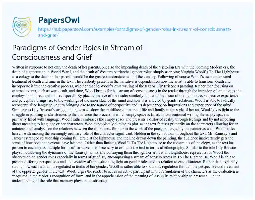 Essay on Paradigms of Gender Roles in Stream of Consciousness and Grief