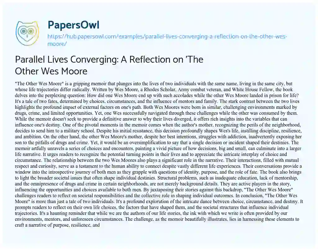Essay on Parallel Lives Converging: A Reflection on ‘The Other Wes Moore