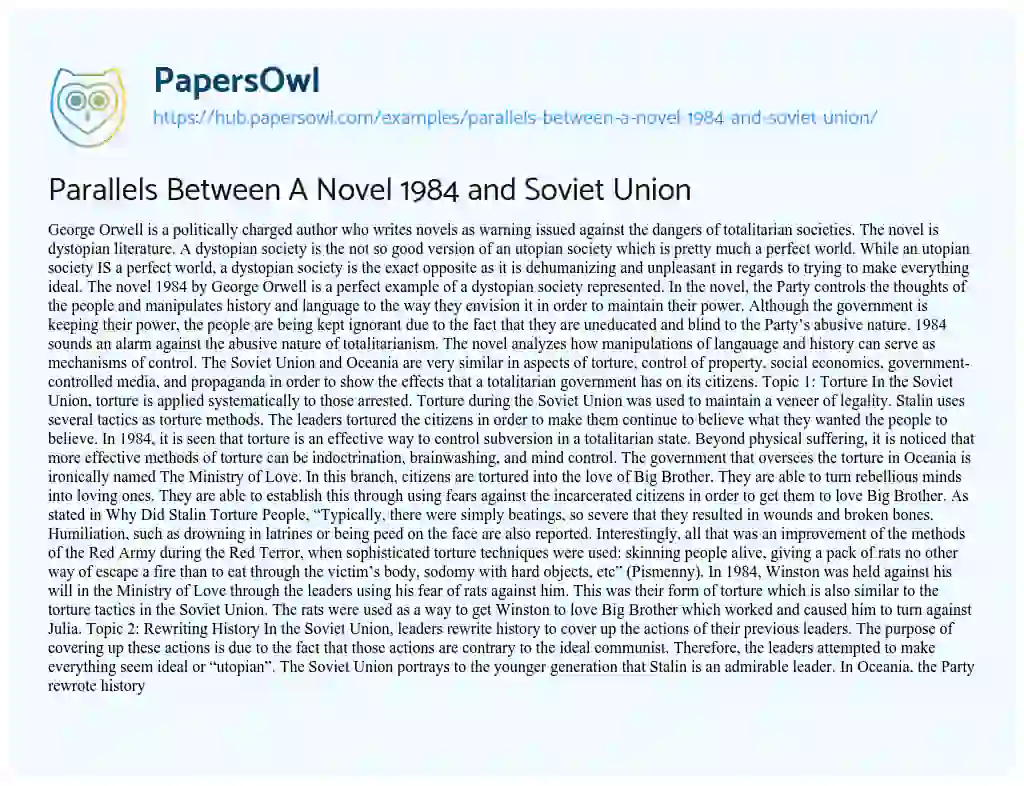 Essay on Parallels Between A Novel 1984 and Soviet Union