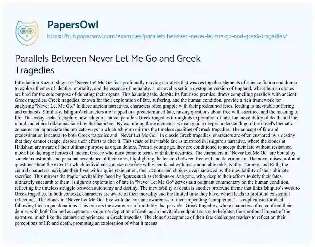 Essay on Parallels Between Never Let Me Go and Greek Tragedies